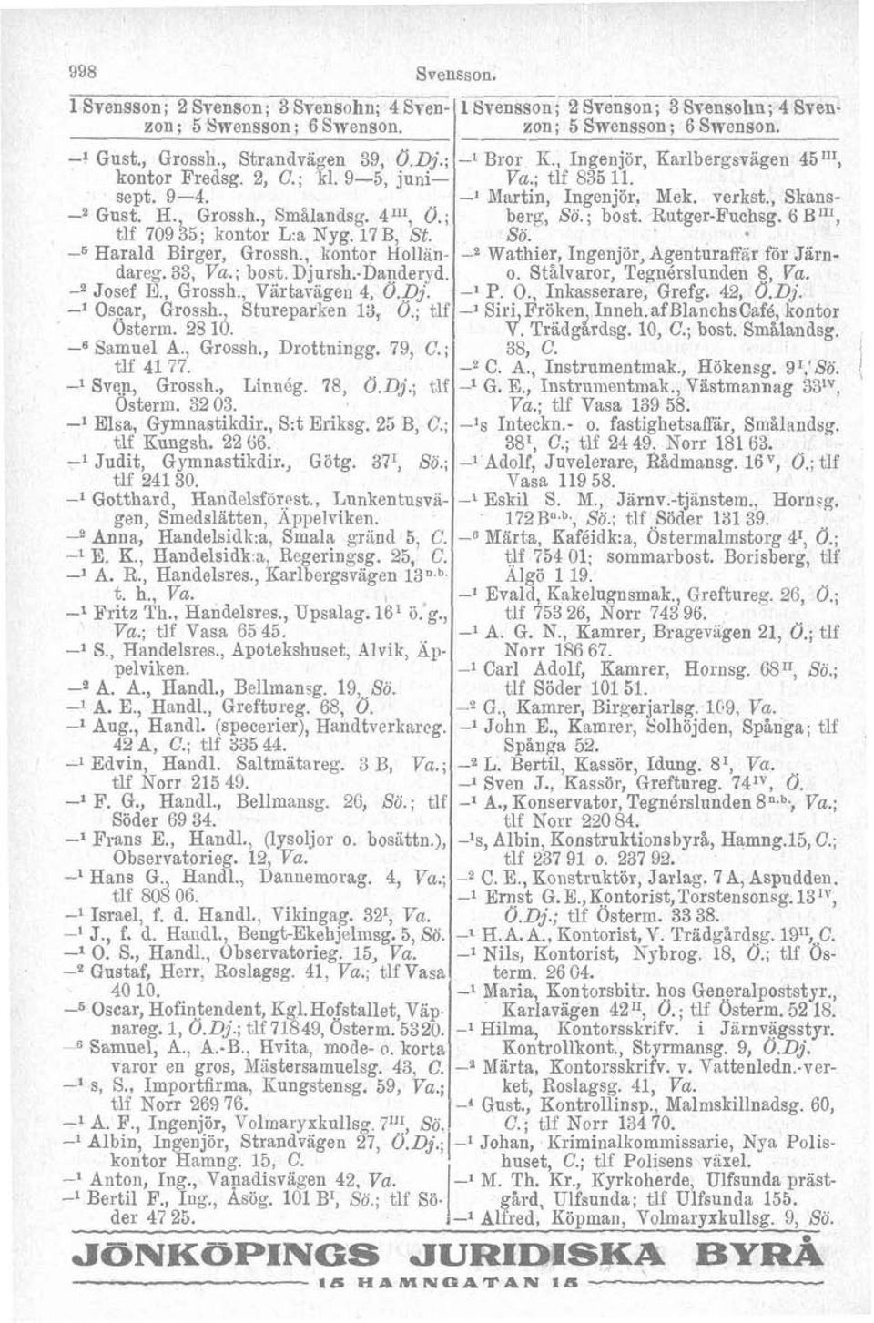 ; tlf Osterm. 28 10. Samuel A., Grossh., Drottningg. 79, C.; tlf 41 77. l Sven, Grossh., Linnég. 78, Ö.Dj.; tlf Osterm. 52 03. l Elsa, Gymnastikdir., S:t Eriksg. 25 B, C.; tlf Eungsh. 22 66.