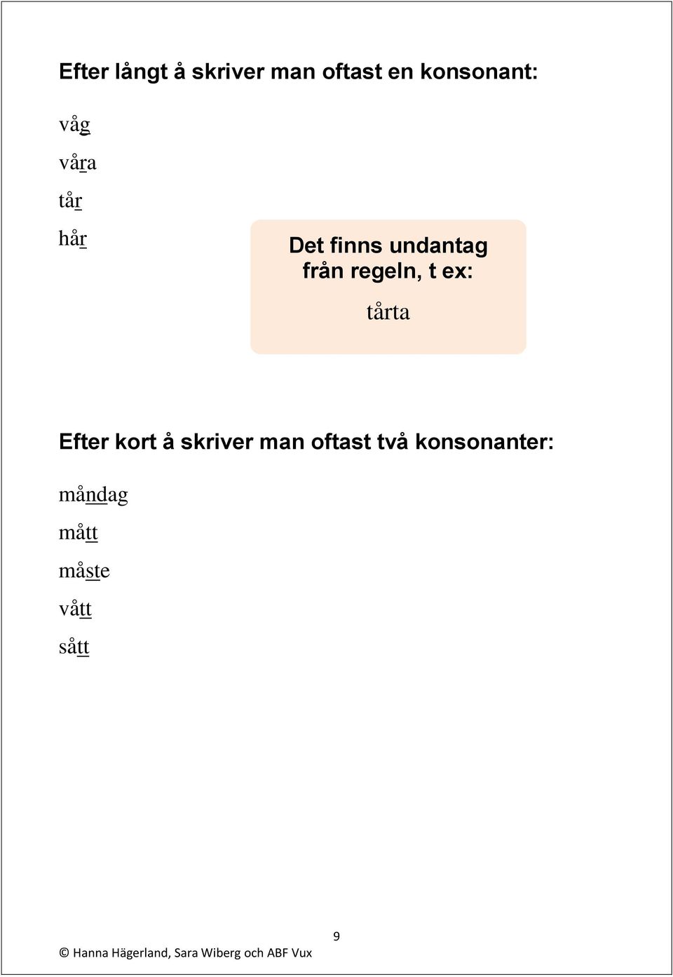 regeln, t ex: tårta Efter kort å skriver man