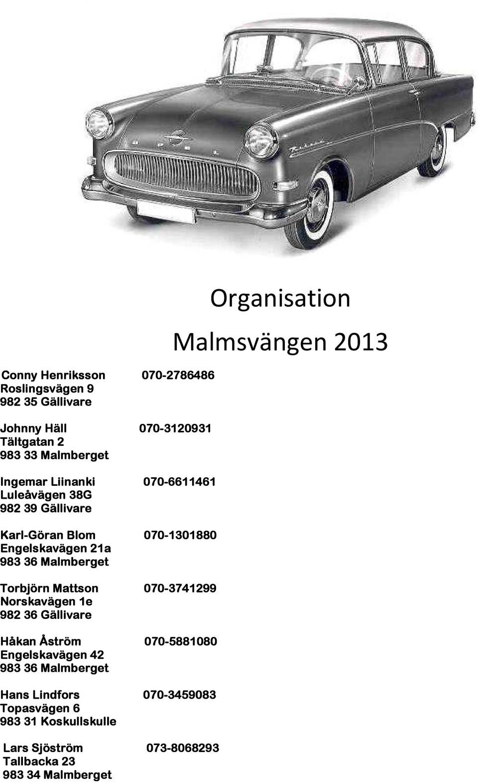 Mattson 070-3741299 Norskavägen 1e 982 36 Gällivare Håkan Åström 070-5881080 Engelskavägen 42 983 36 Malmberget Hans Lindfors