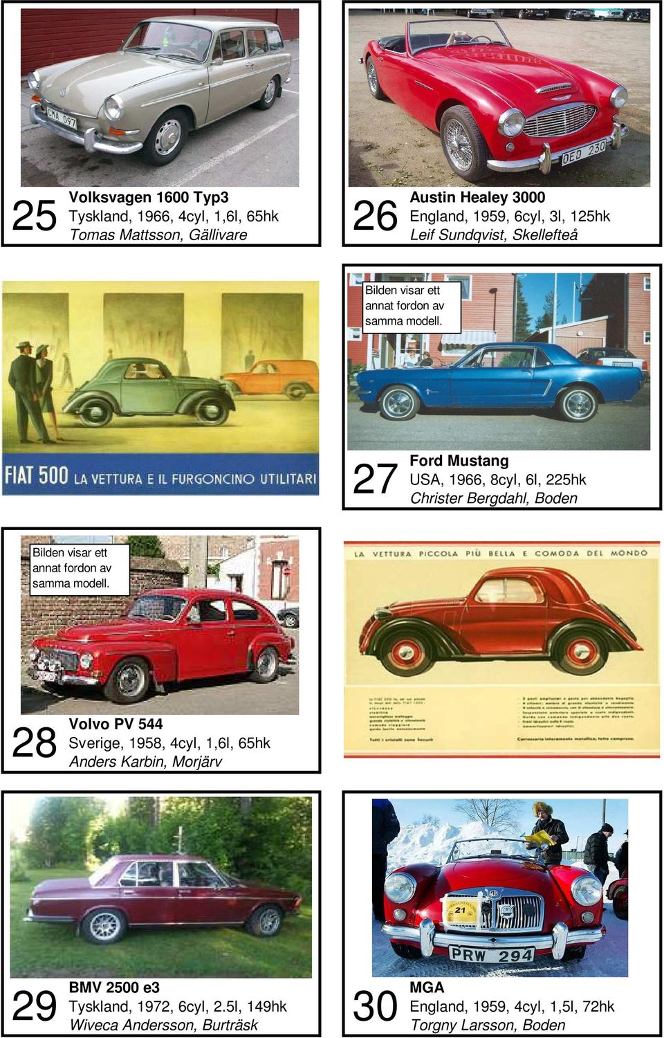 Bergdahl, Boden 28 Volvo PV 544 Sverige, 1958, 4cyl, 1,6l, 65hk Anders Karbin, Morjärv 29 BMV 2500 e3