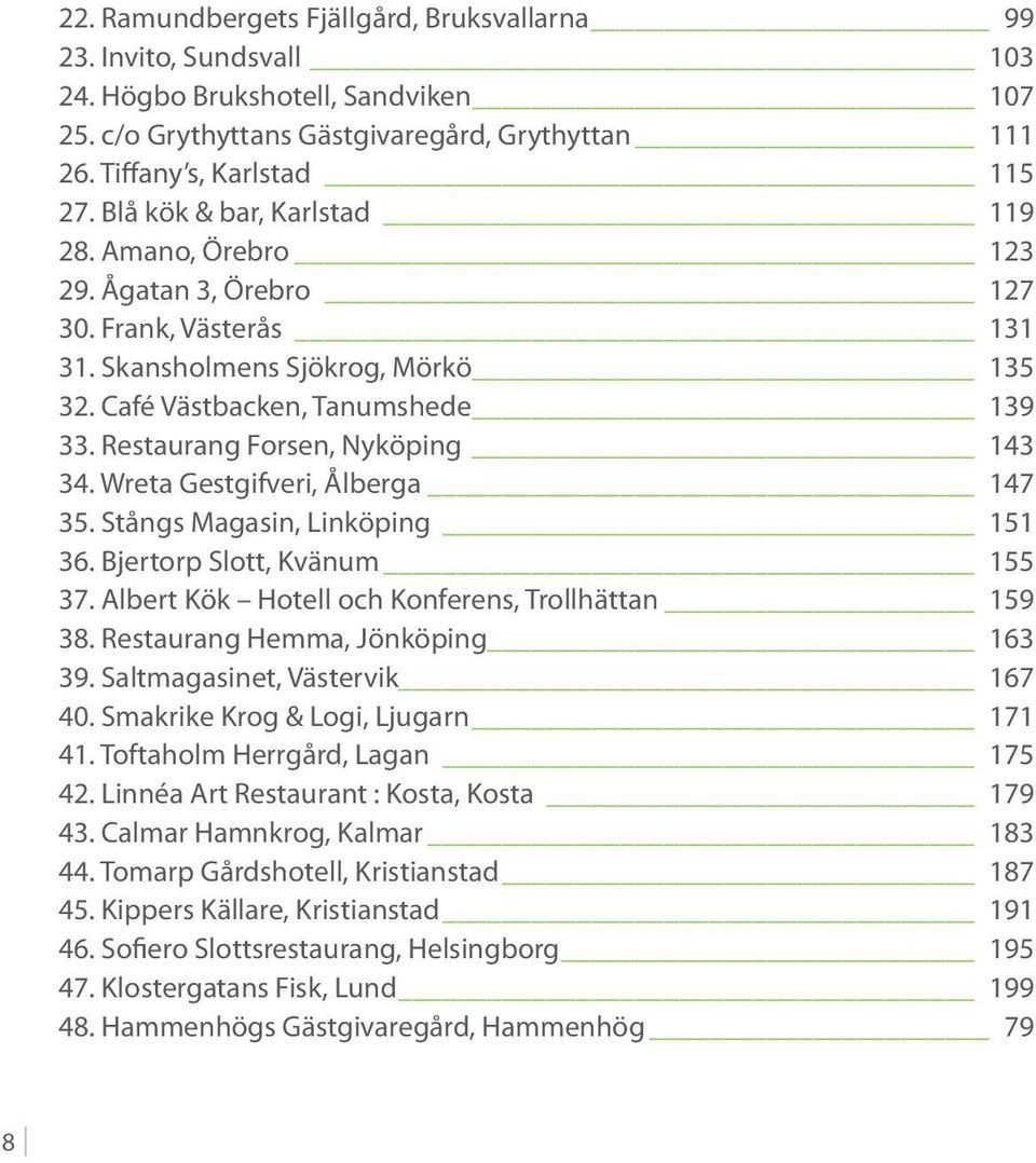 Restaurang Forsen, Nyköping 143 34. Wreta Gestgifveri, Ålberga 147 35. Stångs Magasin, Linköping 151 36. Bjertorp Slott, Kvänum 155 37. Albert Kök Hotell och Konferens, Trollhättan 159 38.