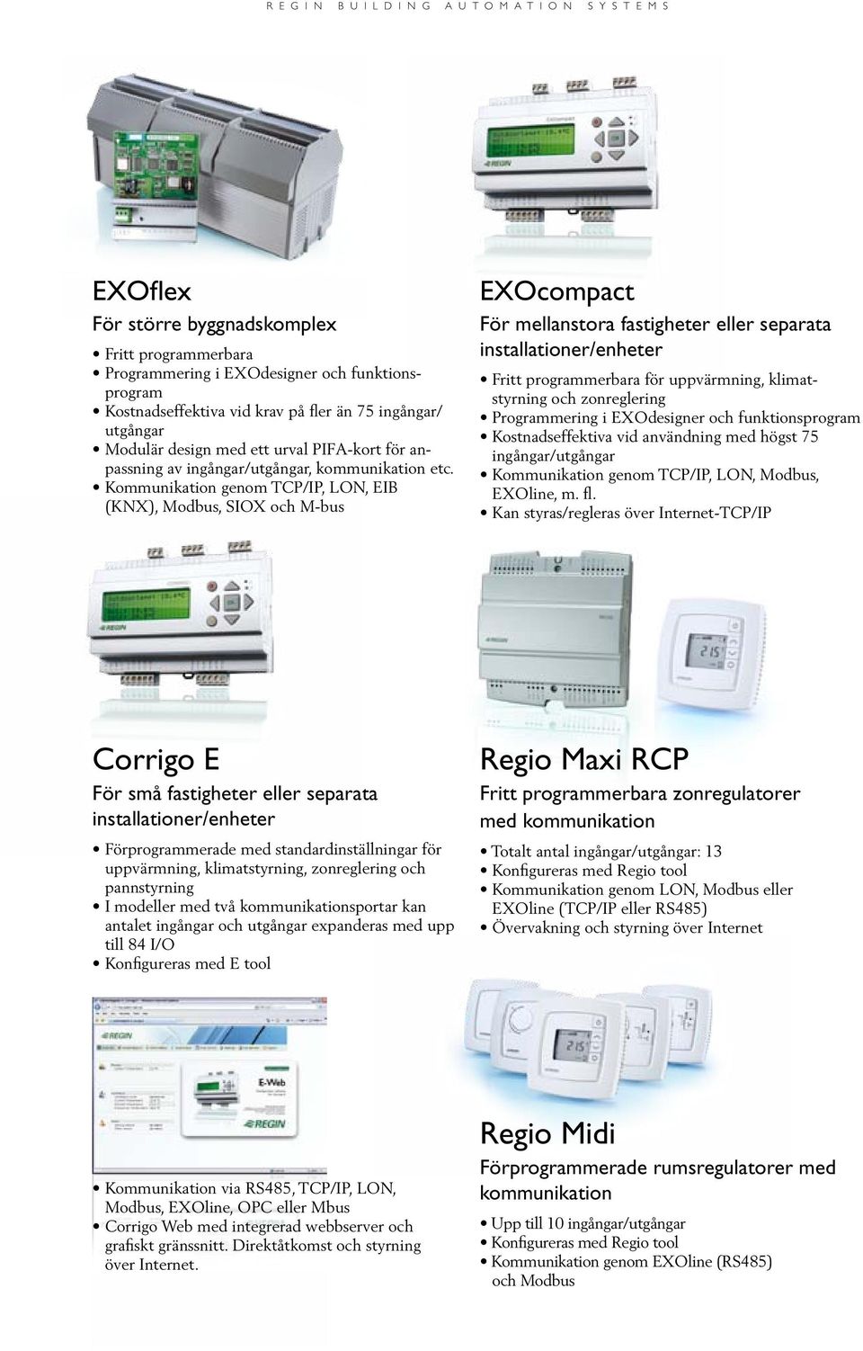 Kommunikation genom TCP/IP, LON, EIB (KNX), Modbus, SIOX och M-bus EXOcompact För mellanstora fastigheter eller separata installationer/enheter Fritt programmerbara för uppvärmning, klimatstyrning