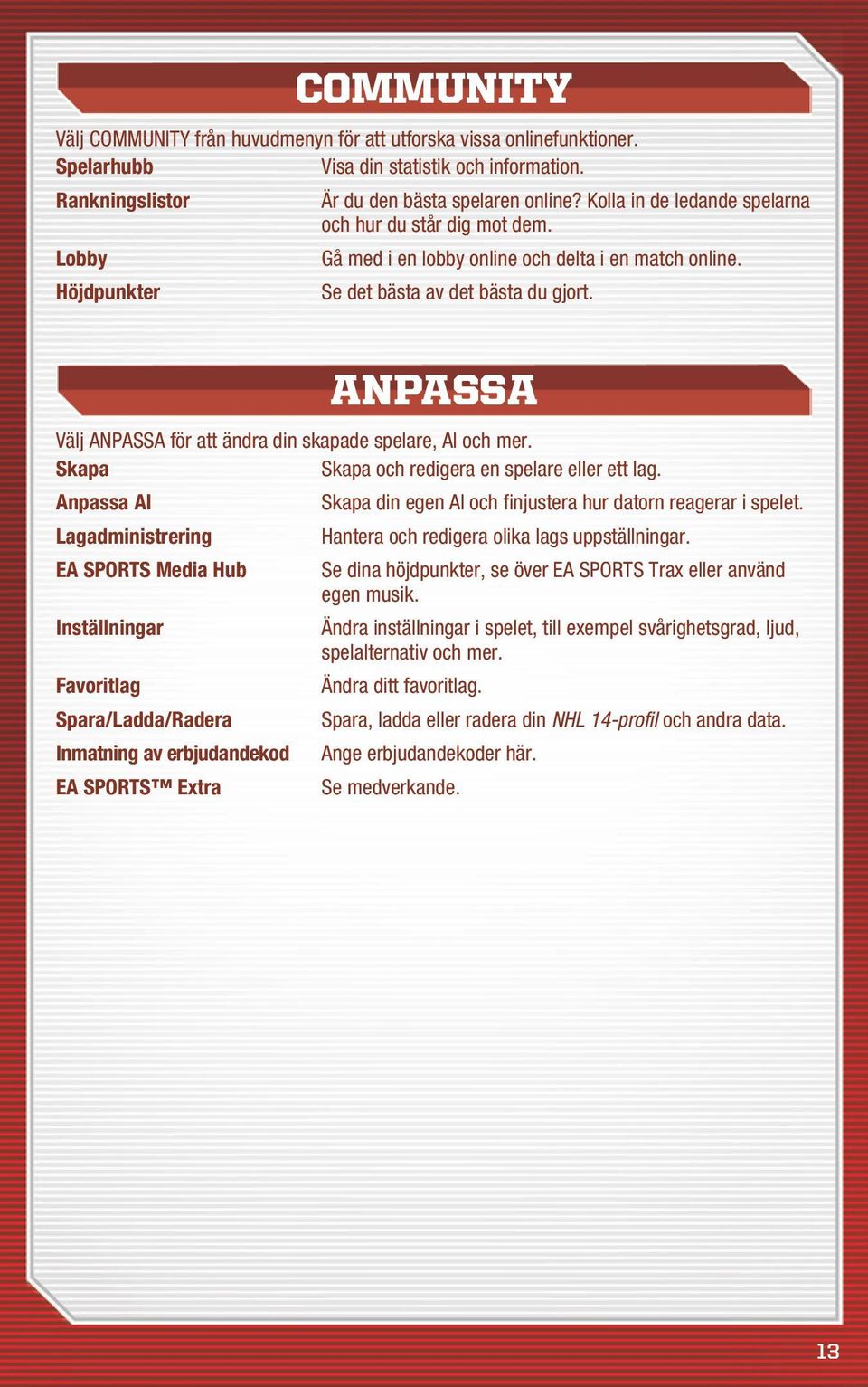 Anpassa Välj ANPASSA för att ändra din skapade spelare, AI och mer. Skapa Skapa och redigera en spelare eller ett lag. Anpassa AI Skapa din egen AI och finjustera hur datorn reagerar i spelet.