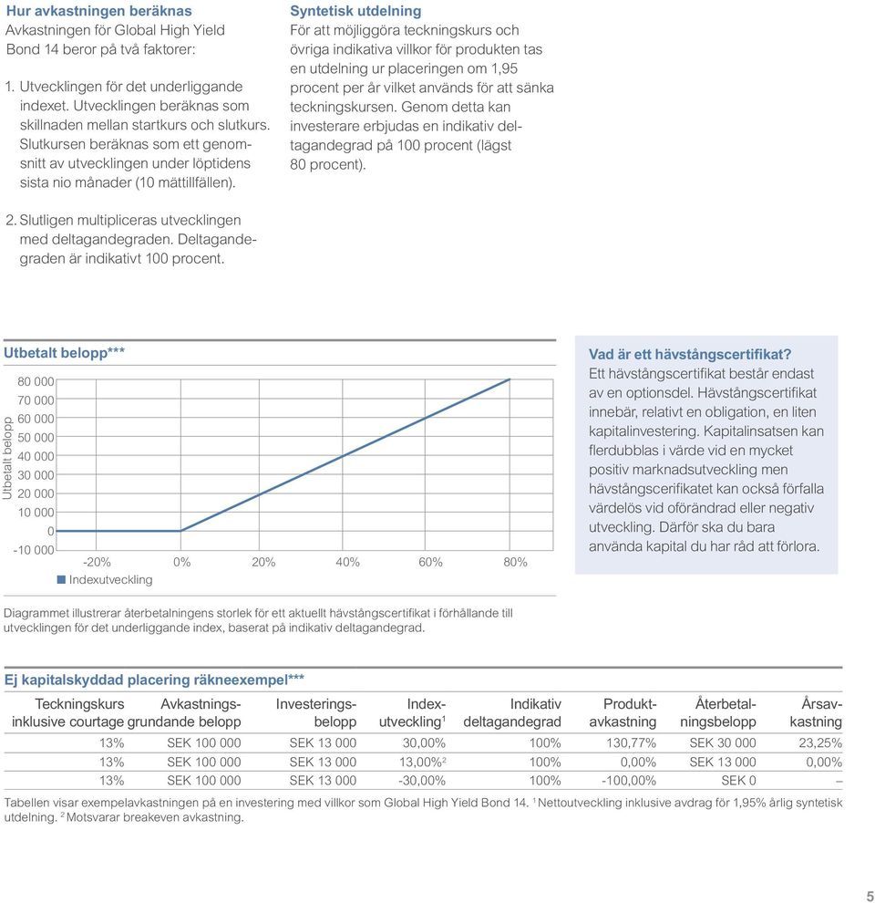 Syntetisk utdelning För att möjliggöra teckningskurs och övriga indikativa villkor för produkten tas en utdelning ur placeringen om 1,95 procent per år vilket används för att sänka teckningskursen.
