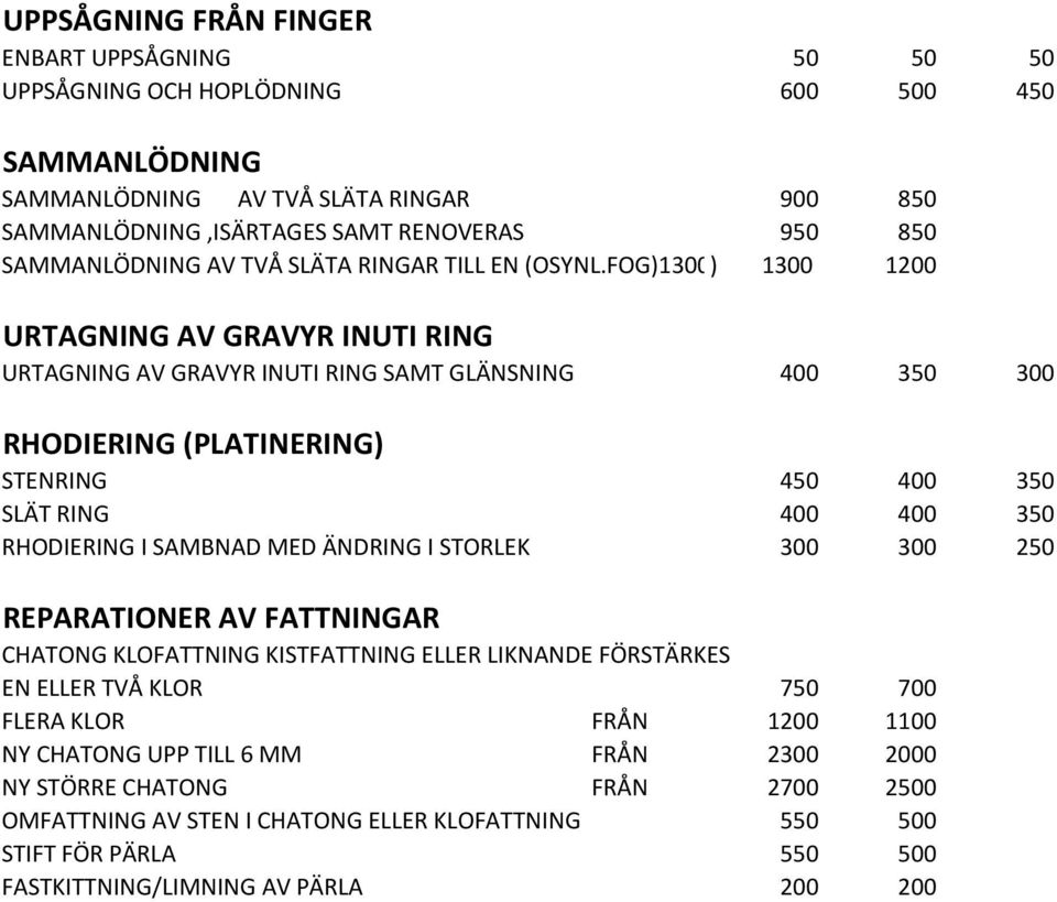 FOG)1300) 1300 1200 URTAGNING AV GRAVYR INUTI RING URTAGNING AV GRAVYR INUTI RING SAMT GLÄNSNING 400 350 300 RHODIERING (PLATINERING) STENRING 450 400 350 SLÄT RING 400 400 350 RHODIERING I SAMBNAD