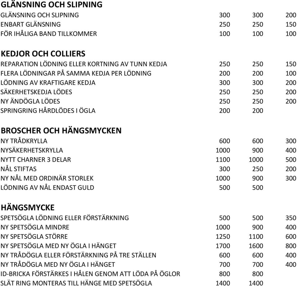 200 BROSCHER OCH HÄNGSMYCKEN NY TRÅDKRYLLA 600 600 300 NYSÄKERHETSKRYLLA 1000 900 400 NYTT CHARNER 3 DELAR 1100 1000 500 NÅL STIFTAS 300 250 200 NY NÅL MED ORDINÄR STORLEK 1000 900 300 LÖDNING AV NÅL