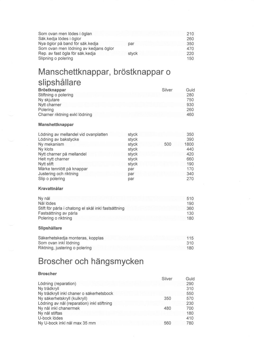 Lödning av mellandel vid ovanplatten Lödning av bake Ny mekanism Ny klots Nytt charner på mellandel Helt nytt charner Nytt stift Märke tennlött på knap Justering och riktning Slip o polering