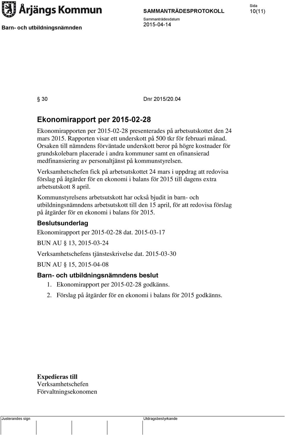 Verksamhetschefen fick på arbetsutskottet 24 mars i uppdrag att redovisa förslag på åtgärder för en ekonomi i balans för 2015 till dagens extra arbetsutskott 8 april.