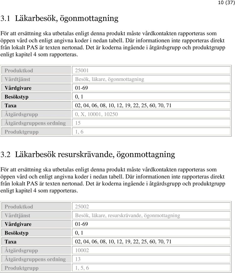 Produktkod 25001 Besök, läkare, ögonmottagning Besökstyp 0, 1 Åtgärdsgrupp 0, X, 10001, 10250 Åtgärdsgruppens ordning 15 Produktgrupp 1, 6 3.