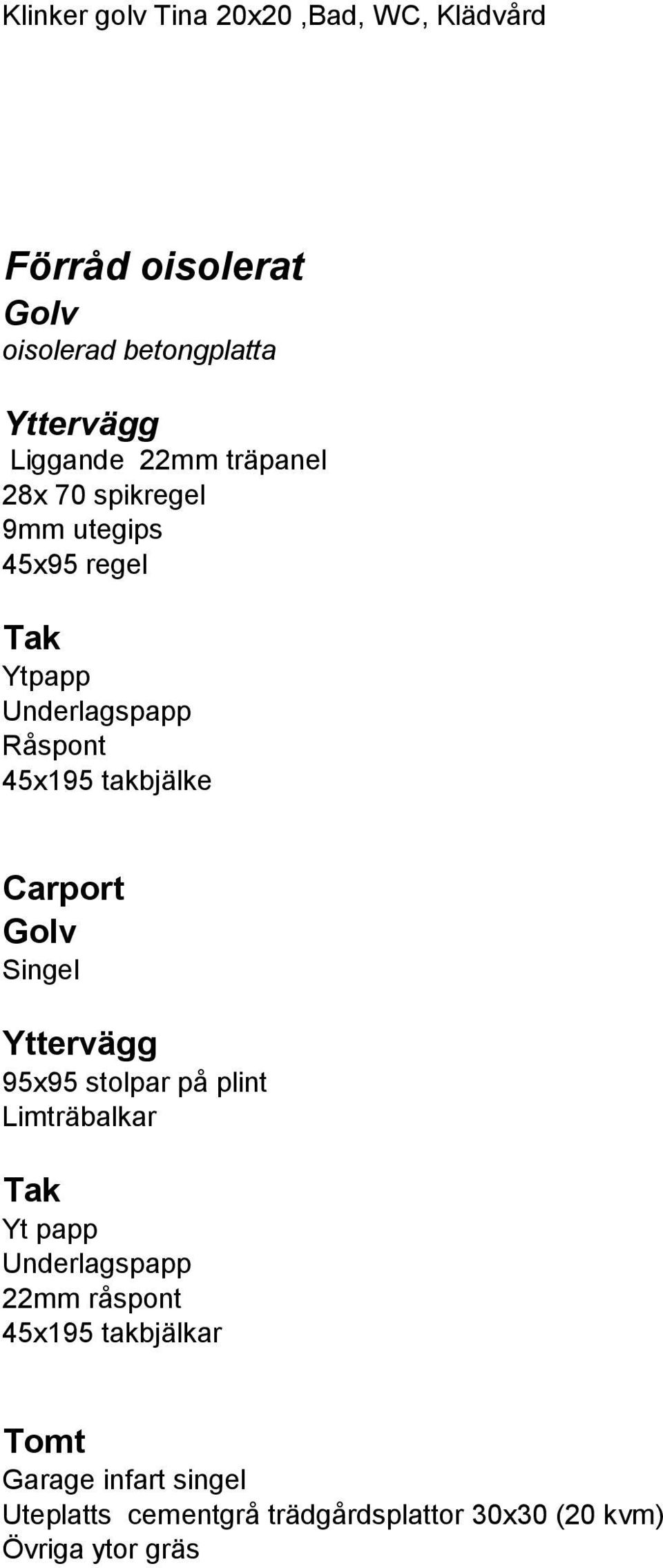 Carport Golv Singel Yttervägg 95x95 stolpar på plint Limträbalkar Tak Yt papp Underlagspapp 22mm råspont