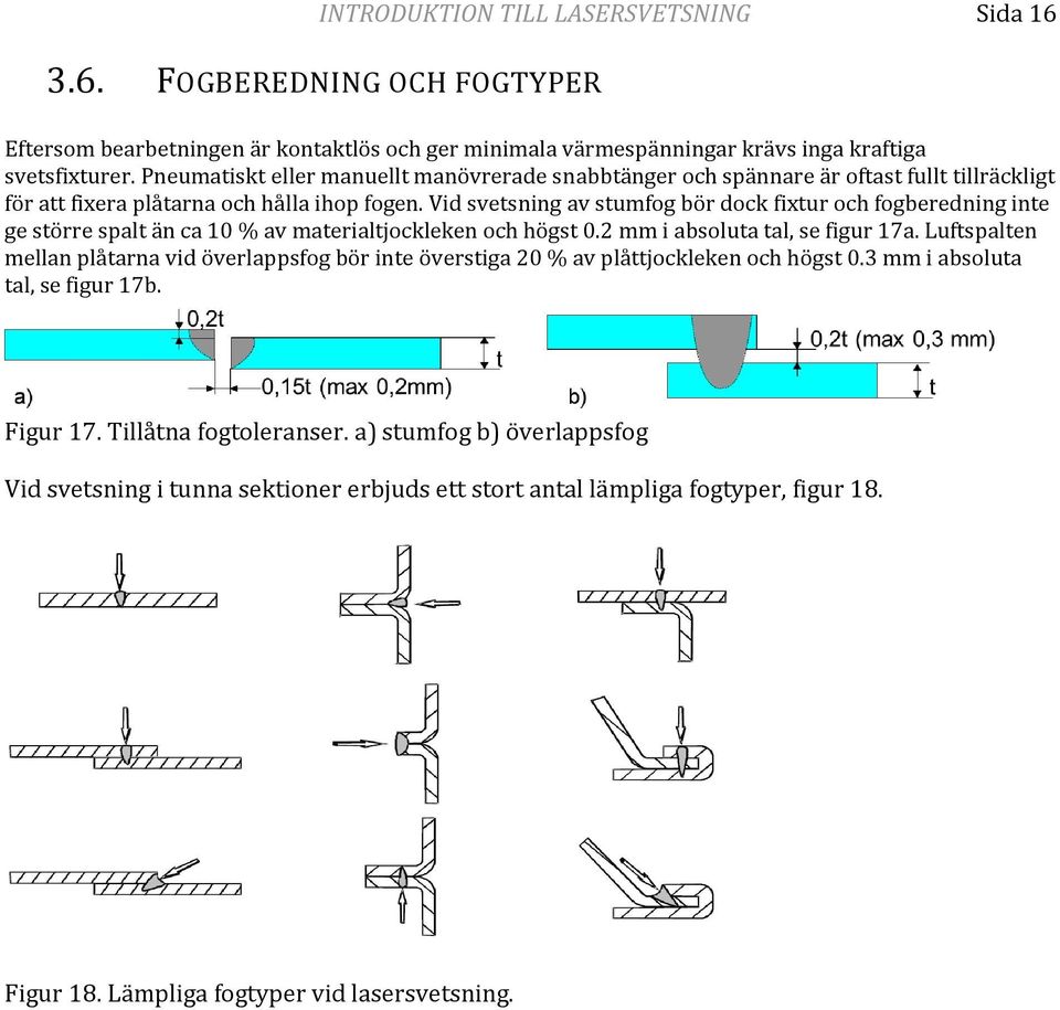 Vid svetsning av stumfog bör dock fixtur och fogberedning inte ge större spalt än ca 10 % av materialtjockleken och högst 0.2 mm i absoluta tal, se figur 17a.