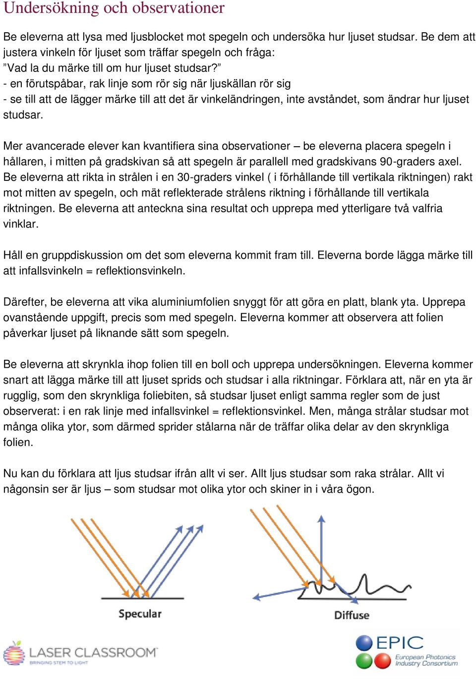 - en förutspåbar, rak linje som rör sig när ljuskällan rör sig - se till att de lägger märke till att det är vinkeländringen, inte avståndet, som ändrar hur ljuset studsar.