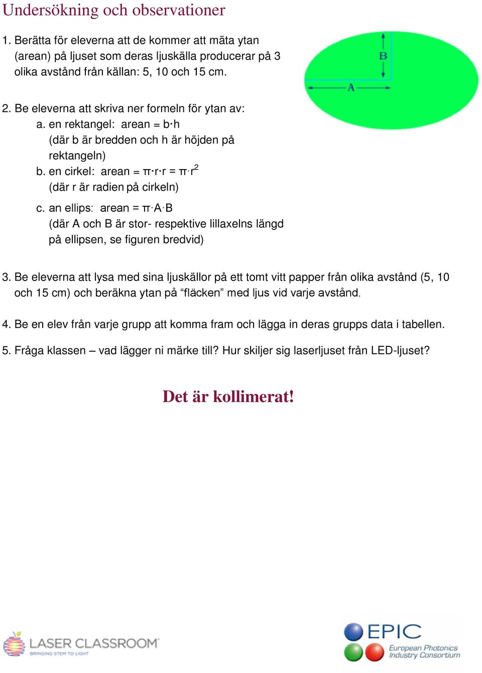 an ellips: arean = π A B (där A och B är stor- respektive lillaxelns längd på ellipsen, se figuren bredvid) 3.