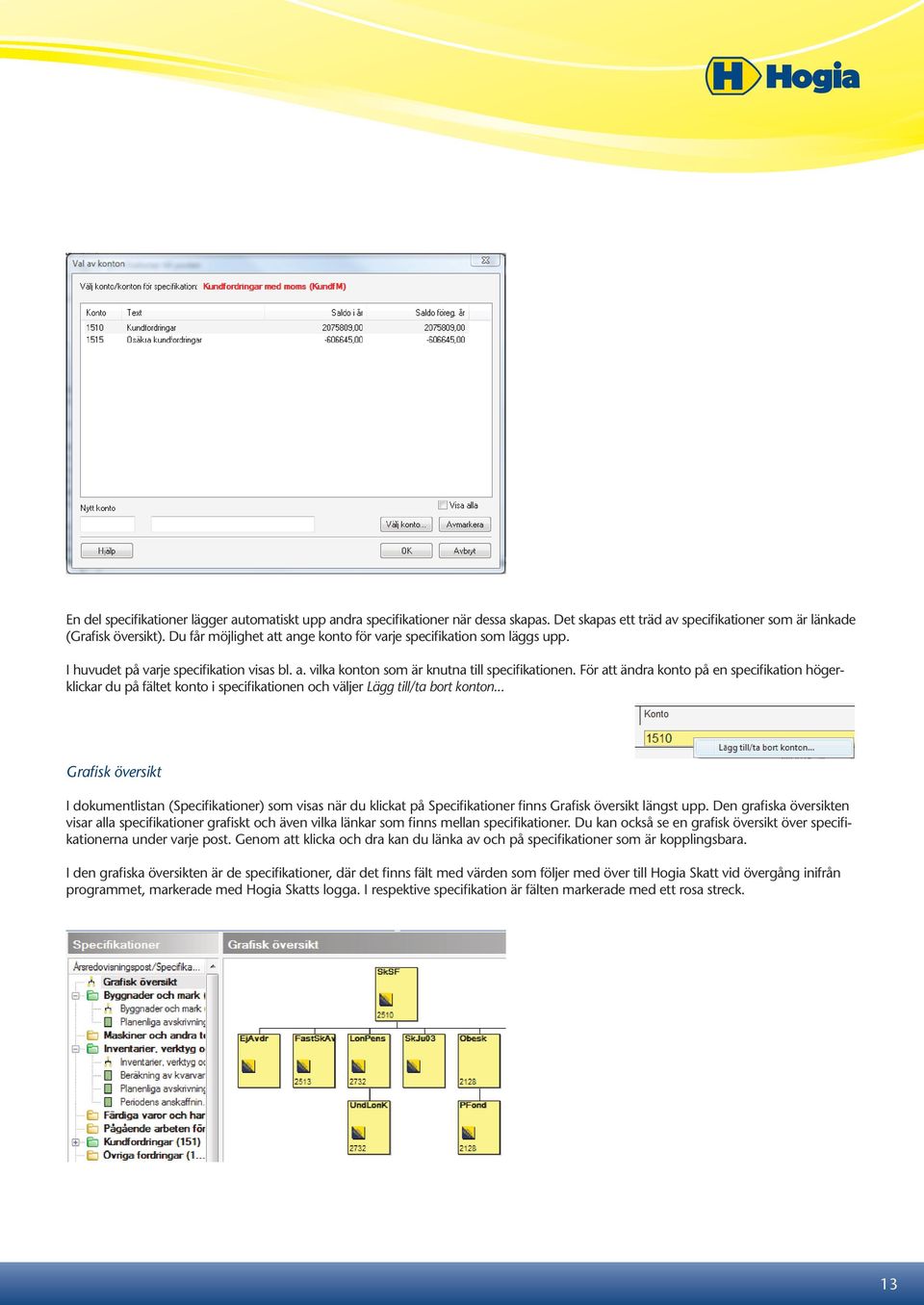 För att ändra konto på en specifikation högerklickar du på fältet konto i specifikationen och väljer Lägg till/ta bort konton.