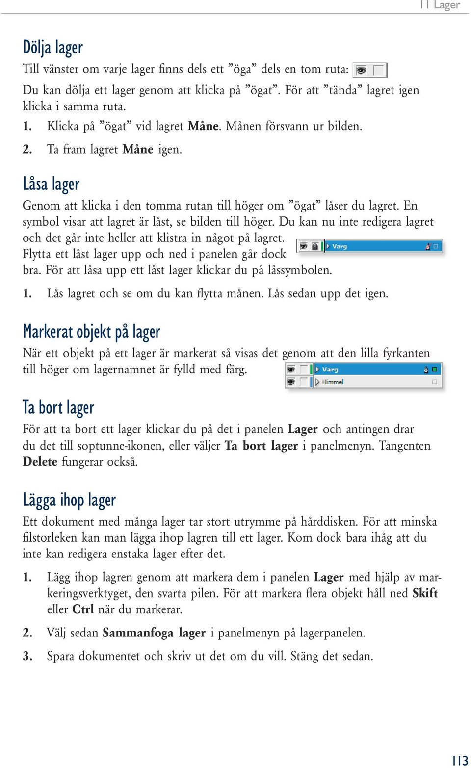 En symbol visar att lagret är låst, se bilden till höger. Du kan nu inte redigera lagret och det går inte heller att klistra in något på lagret.