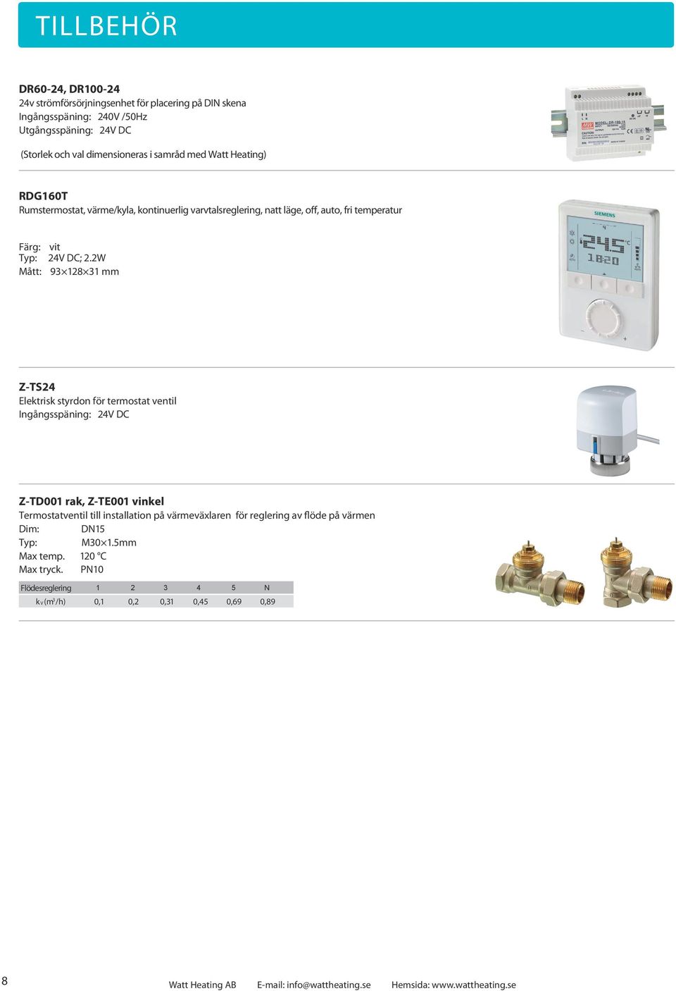 2W Mått: 93 128 31 mm Z-TS24 Elektrisk styrdon för termostat ventil Ingångsspäning: 24V DC Z-TD001 rak, Z-TE001 vinkel Termostatventil till installation på värmeväxlaren för