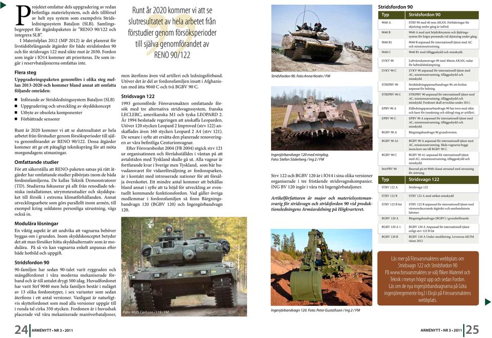 I Materielplan 2012 (MP 2012) är det planerat för livstidsförlängande åtgärder för både stridsfordon 90 och för stridsvagn 122 med sikte mot år 2030. Fordon som ingår i IO14 kommer att prioriteras.