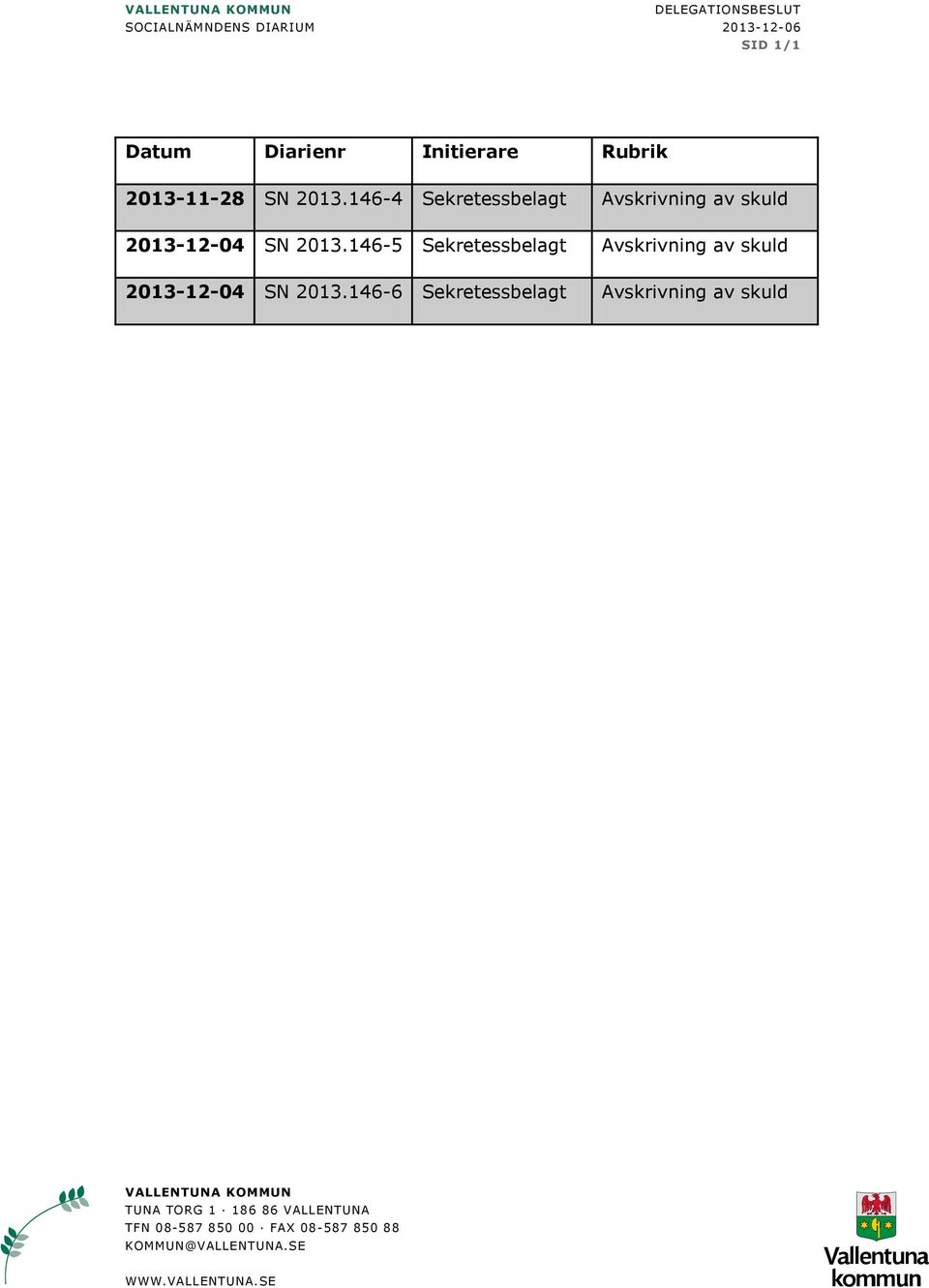 Rubrik 2013.146-4 Avskrivning av skuld 2013.