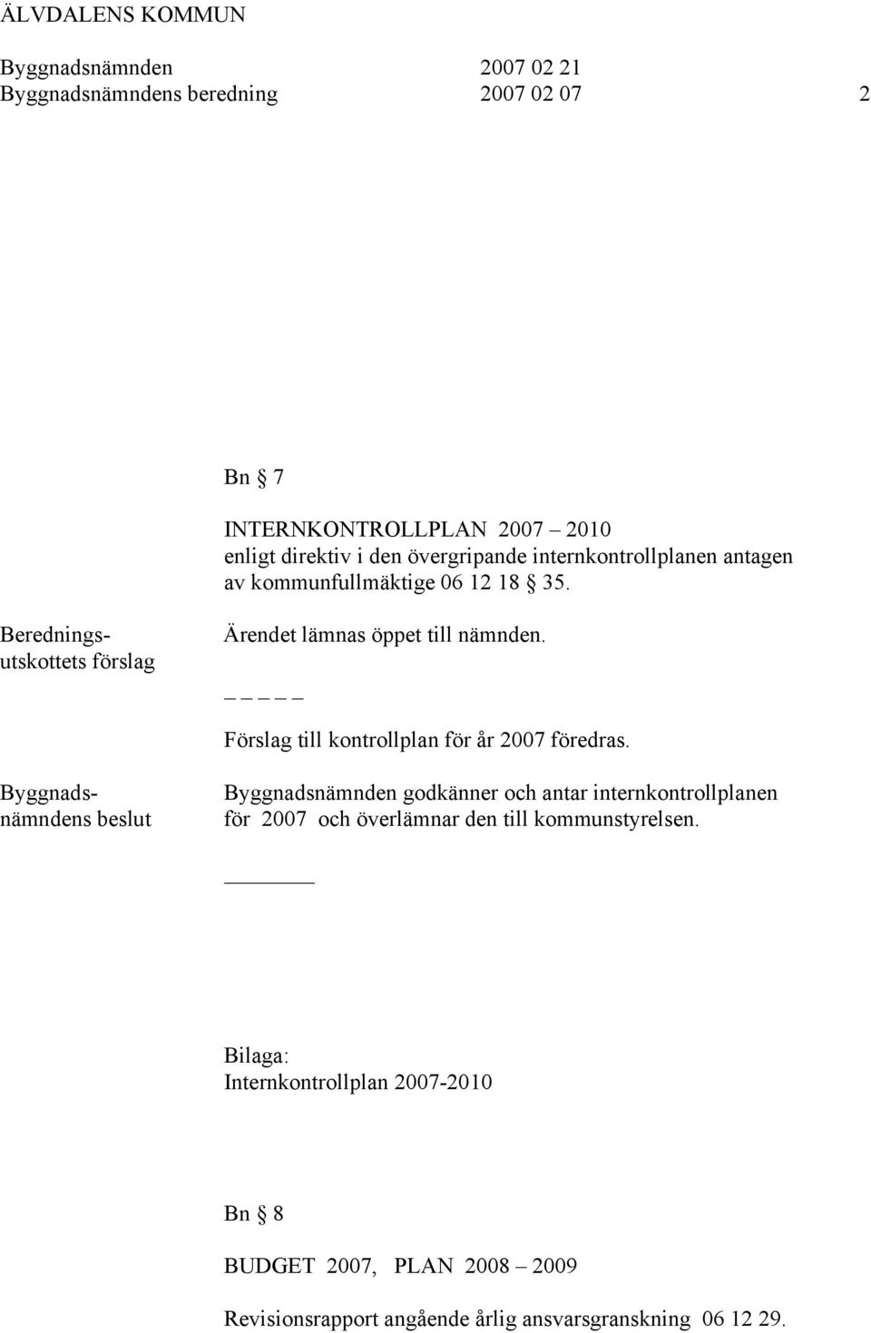 Byggnadsnämndens beslut Byggnadsnämnden godkänner och antar internkontrollplanen för 2007 och överlämnar den till