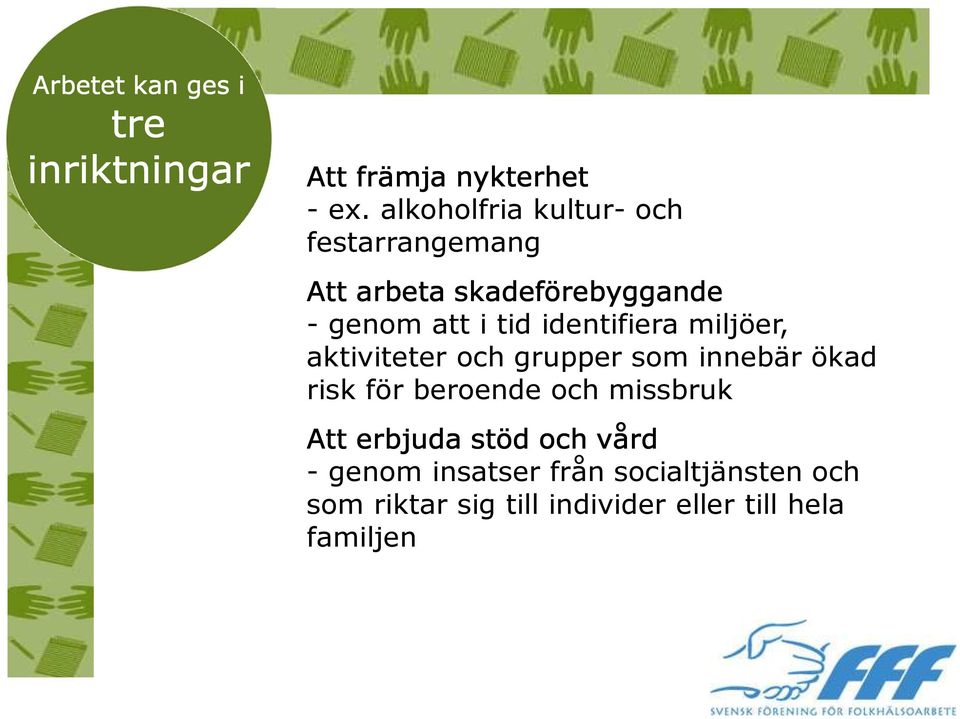 identifiera miljöer, aktiviteter och grupper som innebär ökad risk för beroende och