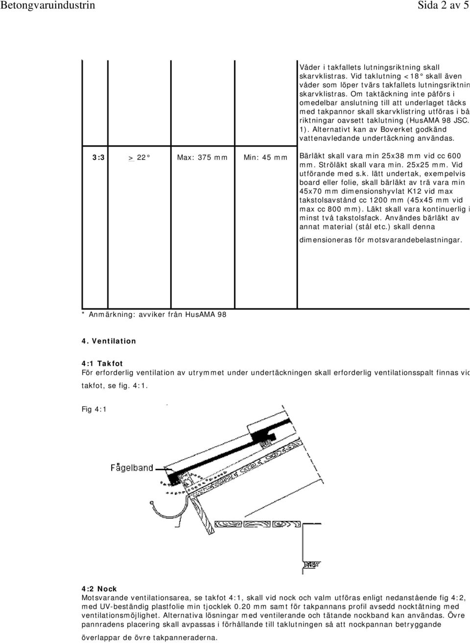 Alternativt kan av Boverket godkänd vattenavledande undertäckning användas. 3:3 > 22 Max: 375 mm Min: 45 mm Bärläkt skall vara min 25x38 mm vid cc 600 mm. Ströläkt skall vara min. 25x25 mm.