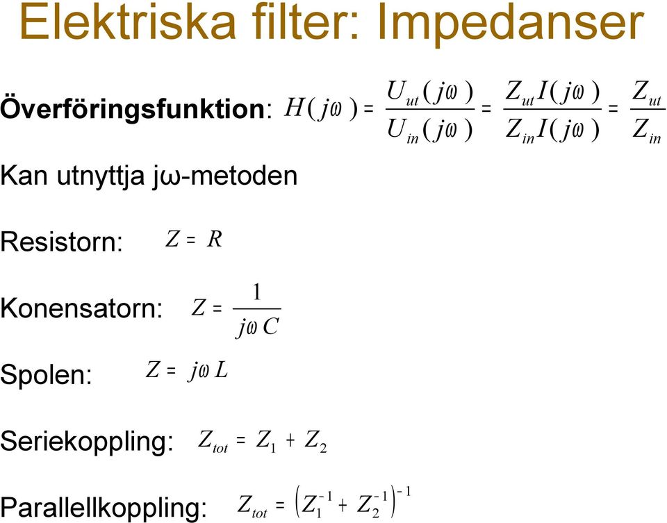 Z ut n Resstorn: Z = R Konensatorn: Spolen: Z = Z = jω L 1 jω C