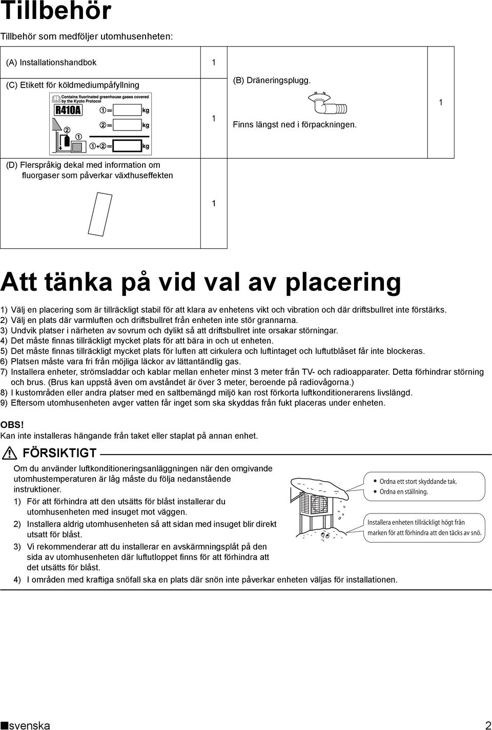vibration och där driftsbullret inte förstärks. 2) Välj en plats där varmluften och driftsbullret från enheten inte stör grannarna.