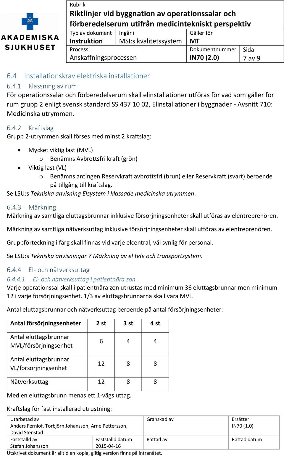 1 Klassning av rum För operationssalar och förberedelserum skall elinstallationer utföras för vad som gäller för rum grupp 2 enligt svensk standard SS 437 10 02, Elinstallationer i byggnader -