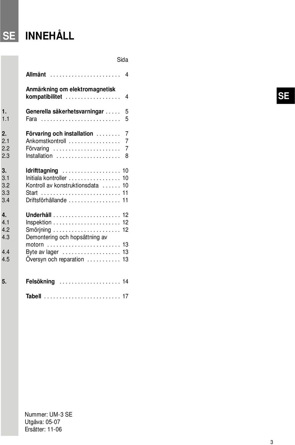 1 Initiala kontroller................. 10 3.2 Kontroll av konstruktionsdata...... 10 3.3 Start.......................... 11 3.4 Driftsförhållande................. 11 4. Underhåll...................... 12 4.