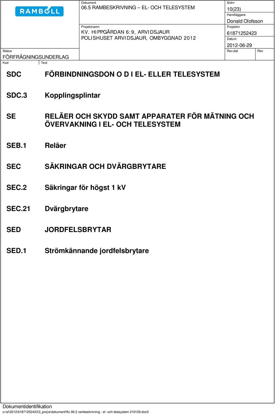 1 Reläer SEC SÄKRINGAR OCH DVÄRGBRYTARE SEC.2 Säkringar för högst 1 kv SEC.