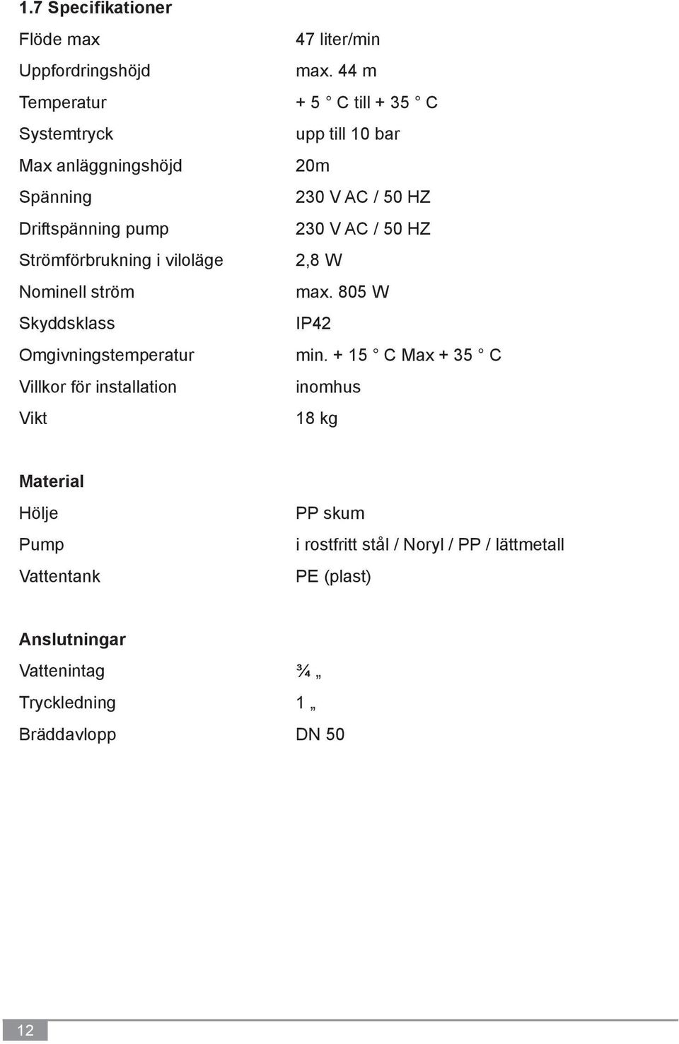 44 m + 5 C till + 35 C upp till 10 bar 20m 230 V AC / 50 HZ 230 V AC / 50 HZ 2,8 W max. 805 W IP42 min.