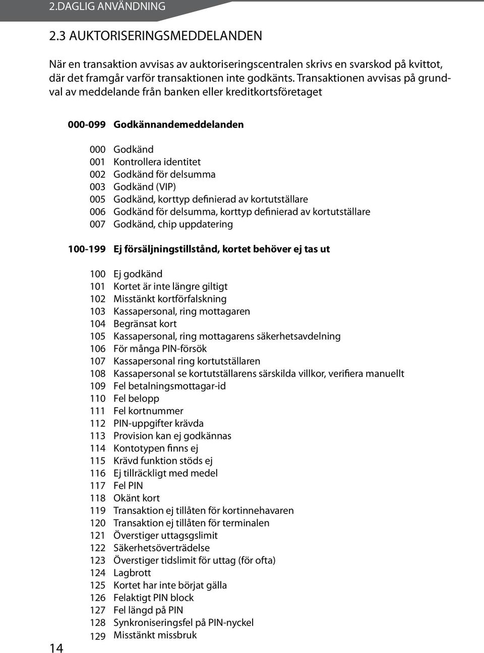 Godkänd (VIP) Godkänd, korttyp definierad av kortutställare Godkänd för delsumma, korttyp definierad av kortutställare Godkänd, chip uppdatering 100-199 Ej försäljningstillstånd, kortet behöver ej