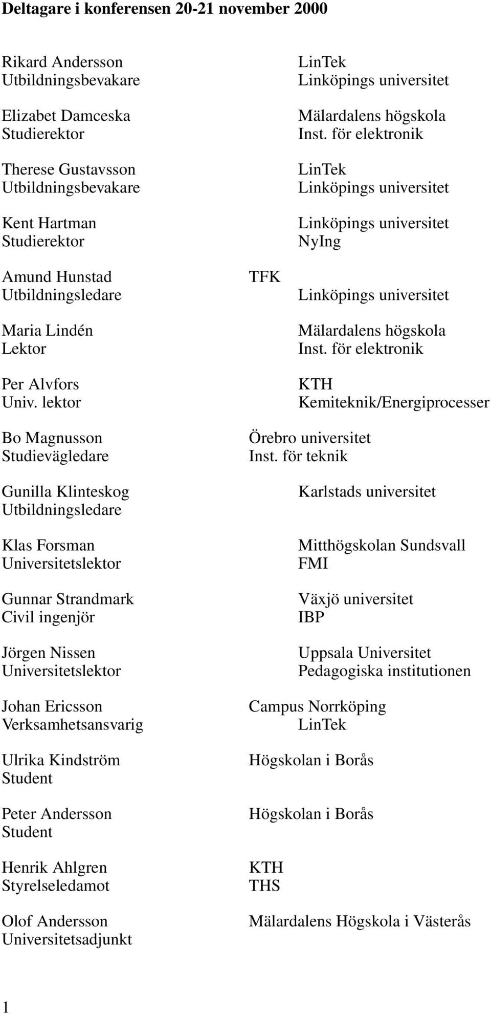 för elektronik Kemiteknik/Energiprocesser Bo Magnusson Studievägledare Gunilla Klinteskog Klas Forsman Gunnar Strandmark Civil ingenjör Jörgen Nissen Johan Ericsson Verksamhetsansvarig