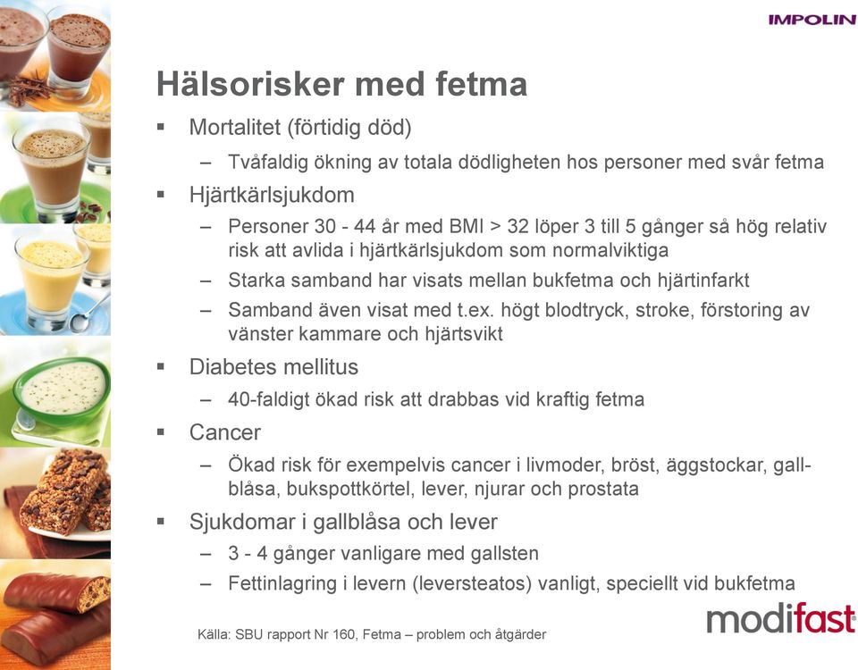 högt blodtryck, stroke, förstoring av vänster kammare och hjärtsvikt Diabetes mellitus 40-faldigt ökad risk att drabbas vid kraftig fetma Cancer Ökad risk för exempelvis cancer i livmoder, bröst,