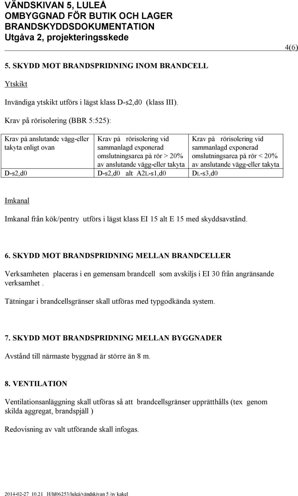 D-s2,d0 alt A2L-s1,d0 DL-s3,d0 Krav på rörisolering vid sammanlagd exponerad omslutningsarea på rör < 20% av anslutande vägg-eller takyta Imkanal Imkanal från kök/pentry utförs i lägst klass EI 15