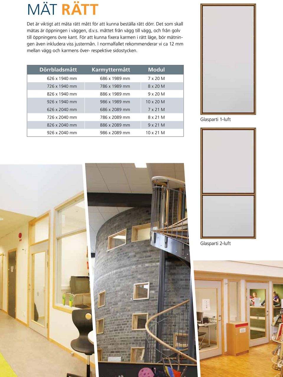 Dörrbladsmått Karmyttermått Modul 626 x 1940 mm 686 x 1989 mm 7 x 20 M 726 x 1940 mm 786 x 1989 mm 8 x 20 M 826 x 1940 mm 886 x 1989 mm 9 x 20 M 926 x 1940 mm 986 x 1989 mm 10 x 20 M