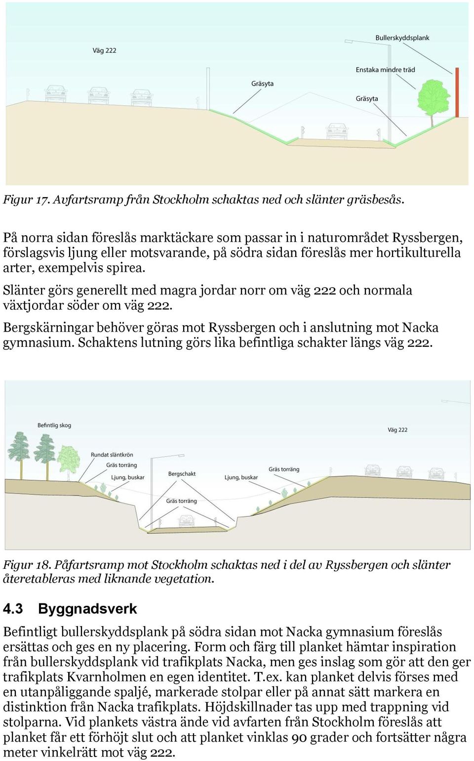 Slänter görs generellt med magra jordar norr om väg 222 och normala växtjordar söder om väg 222. Bergskärningar behöver göras mot Ryssbergen och i anslutning mot Nacka gymnasium.