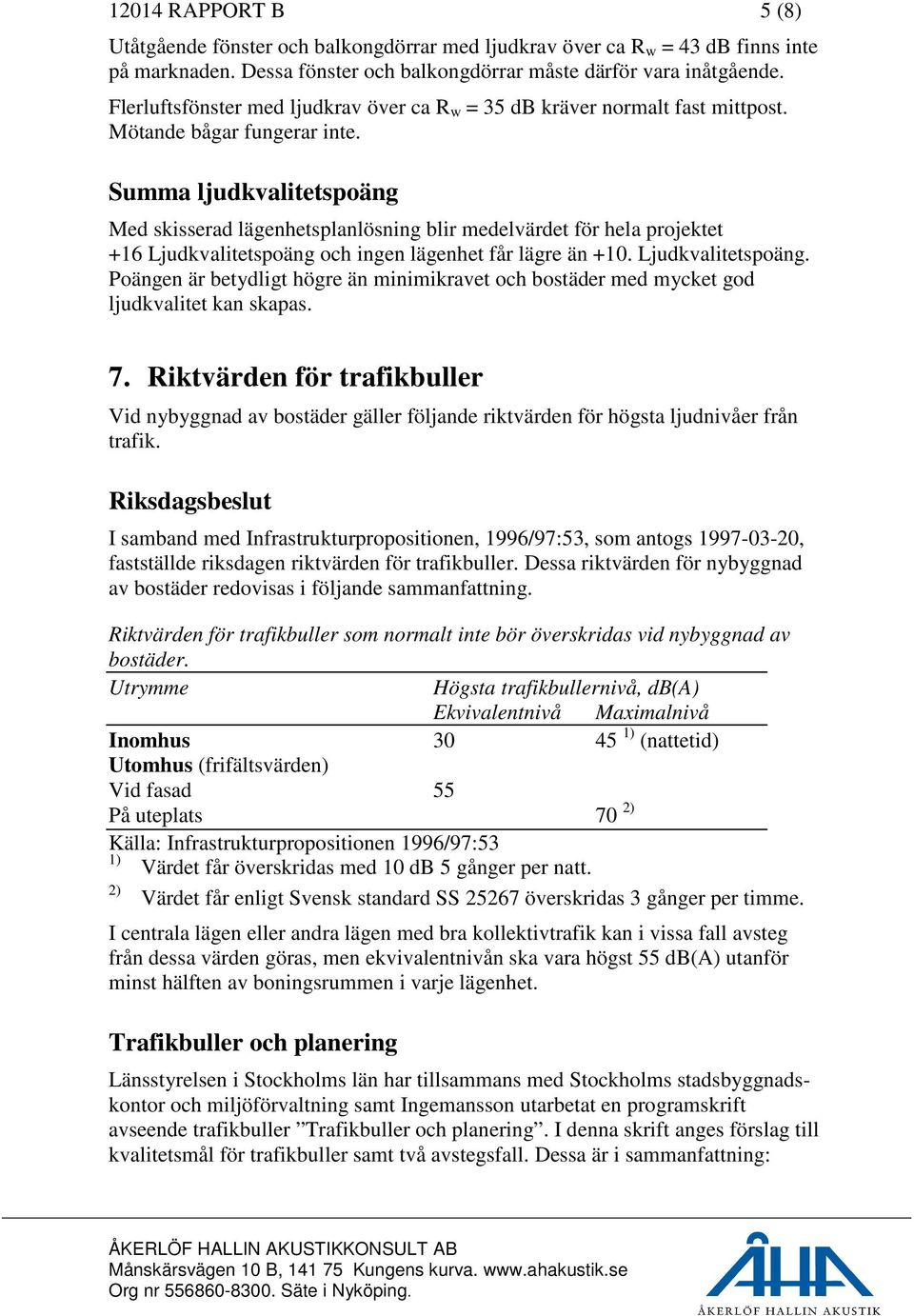 Summa ljudkvalitetspoäng Med skisserad lägenhetsplanlösning blir medelvärdet för hela projektet +16 Ljudkvalitetspoäng 