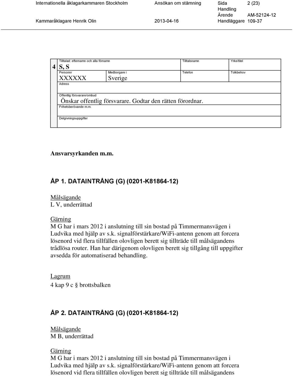 DATAINTRÅNG (G) (0201-K81864-12) Målsägande L V, underrättad Gärning M G har i mars 2012 i anslutning till sin bostad på Timmermansvägen i Ludvika