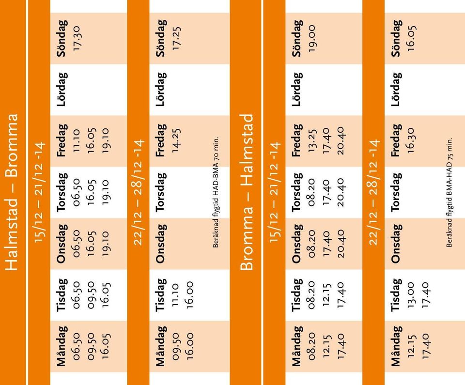 10 22/12 28/12-14 14.25 Beräknad flygtid HAD-BMA 70 min.