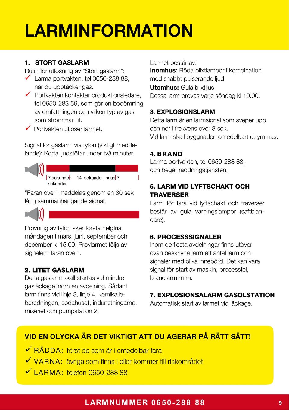 Signal för gaslarm via tyfon (viktigt meddelande): Korta ljudstötar under två minuter. 7 sekunder 14 sekunder paus 7 sekunder Faran över meddelas genom en 30 sek lång sammanhängande signal.