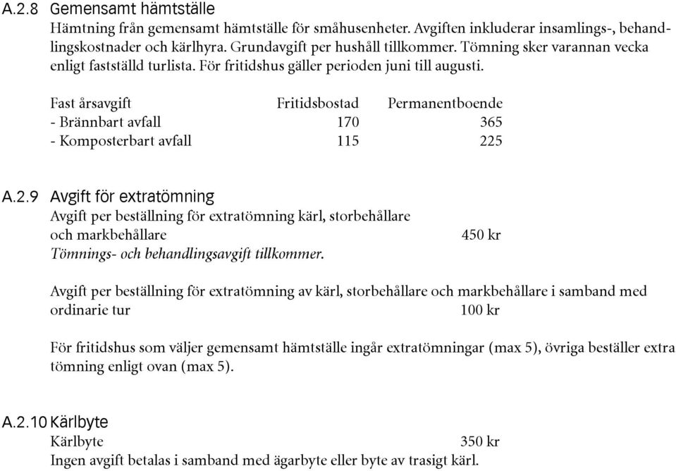 Fast årsavgift Fritidsbostad Permanentboende - Brännbart avfall 170 365 - Komposterbart avfall 115 22