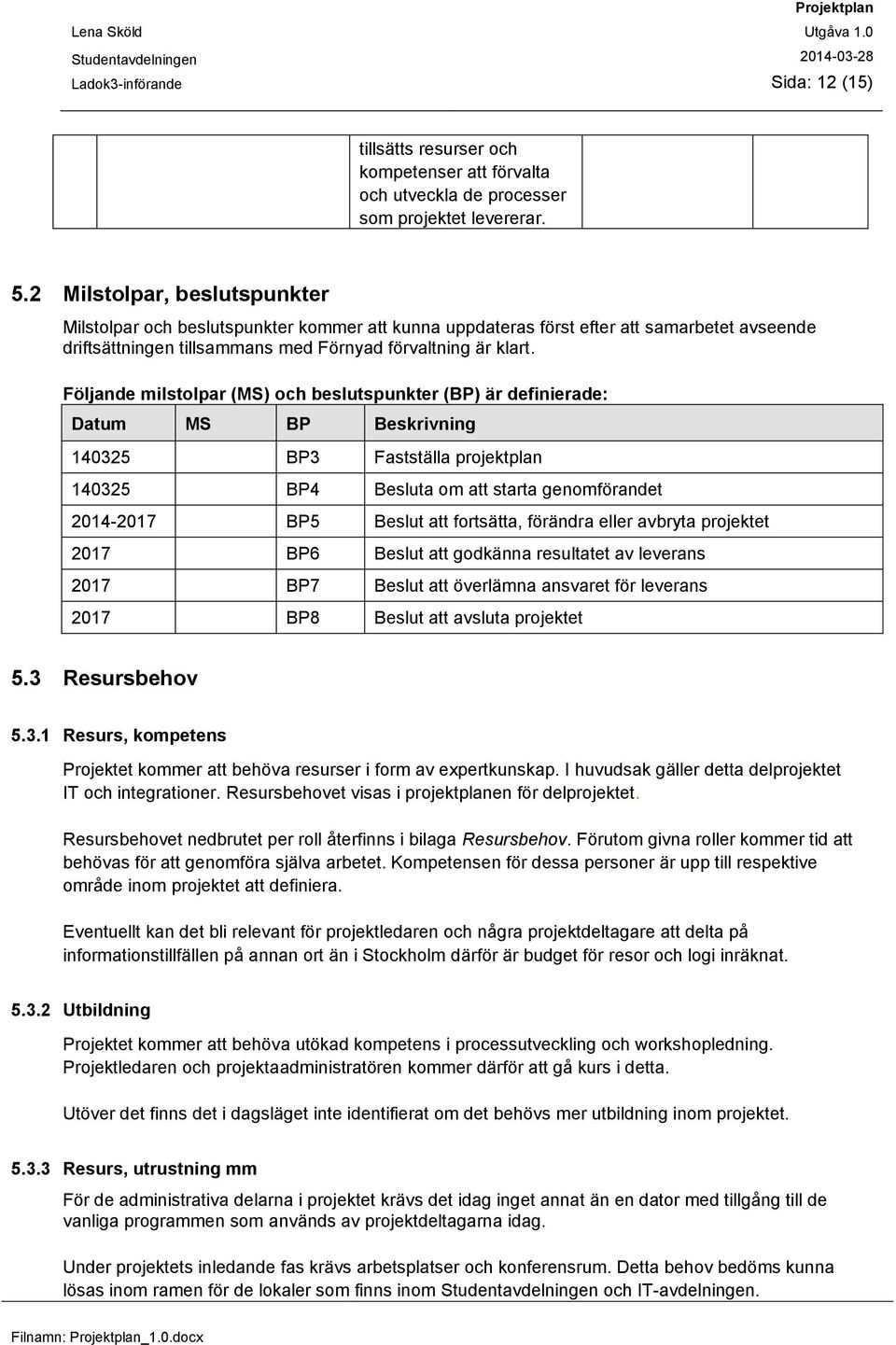 Följande milstolpar (MS) och beslutspunkter (BP) är definierade: Datum MS BP Beskrivning 140325 BP3 Fastställa projektplan 140325 BP4 Besluta om att starta genomförandet 2014-2017 BP5 Beslut att