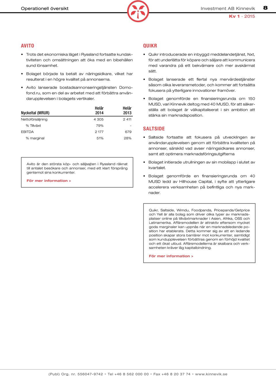 Nyckeltal (MRUR) 2013 Nettoförsäljning 4 305 2 411 % Tillväxt 79% - EBITDA 2 177 679 % marginal 51% 28% Avito är den största köp- och säljsajten i Ryssland räknat till antalet besökare och annonser,