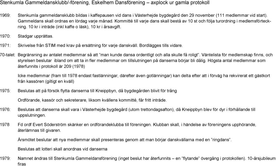 10 kr i inträde (inkl kaffe o läsk), 10 kr i årsavgift. 1970: Stadgar upprättas. 1971: Skrivelse från STIM med krav på ersättning för varje danskväll. Bordlägges tills vidare.