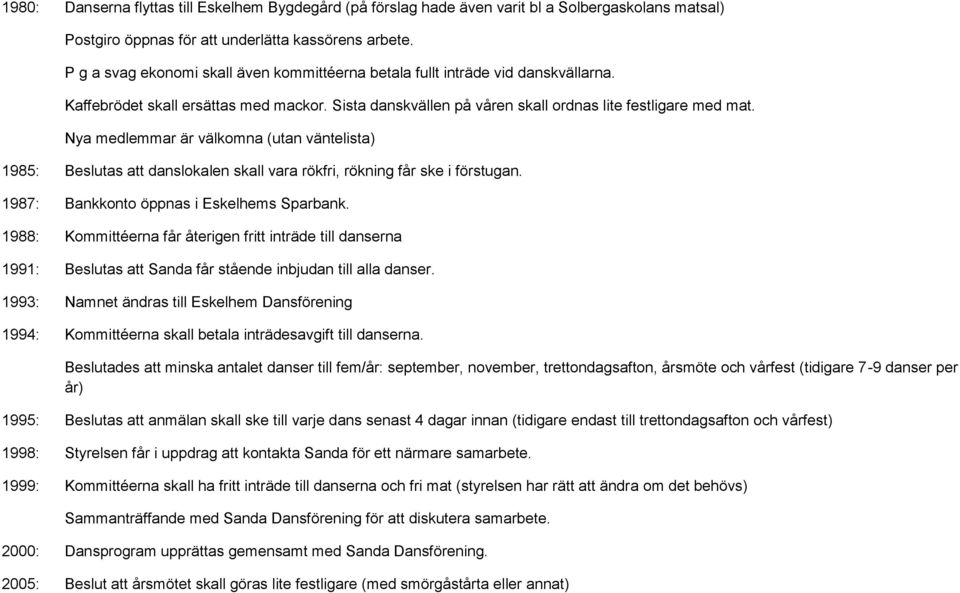 Nya medlemmar är välkomna (utan väntelista) 1985: Beslutas att danslokalen skall vara rökfri, rökning får ske i förstugan. 1987: Bankkonto öppnas i Eskelhems Sparbank.
