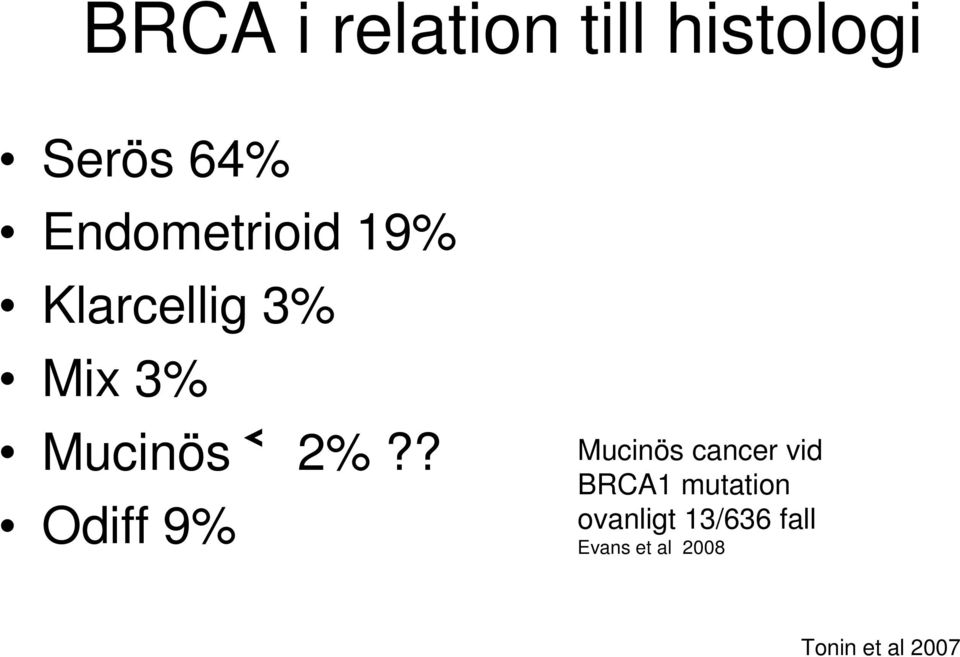2%?? Odiff 9% Mucinös cancer vid BRCA1 mutation