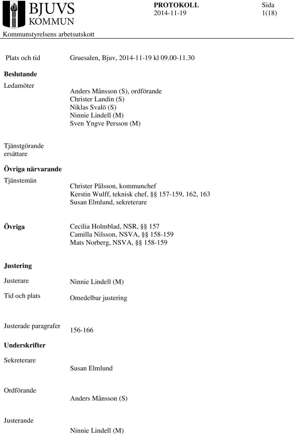 Övriga närvarande Tjänstemän Christer Pålsson, kommunchef Kerstin Wulff, teknisk chef, 157-159, 162, 163 Susan Elmlund, sekreterare Övriga Cecilia Holmblad,
