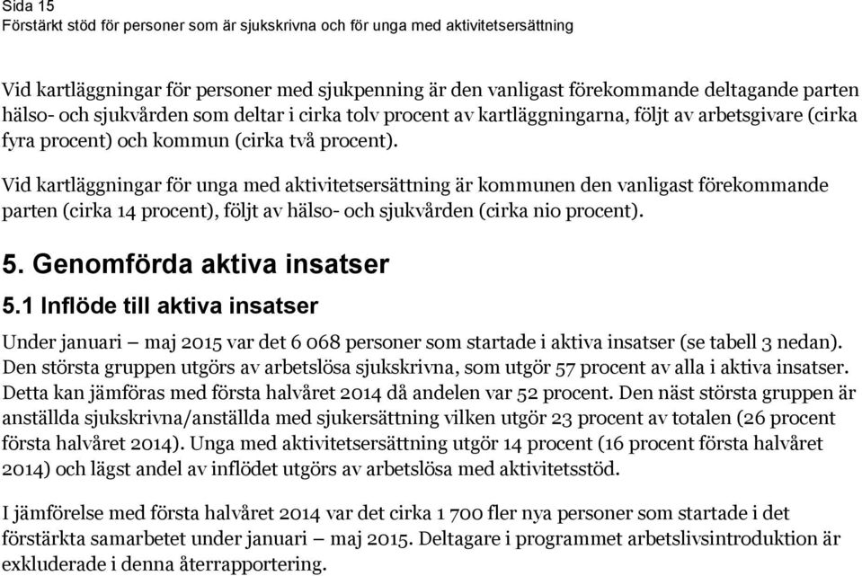 Vid kartläggningar för unga med aktivitetsersättning är kommunen den vanligast förekommande parten (cirka 14 procent), följt av hälso- och sjukvården (cirka nio procent). 5.