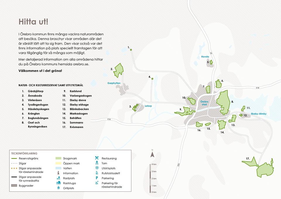50 Mer detaljerad information om alla områdena hittar du på Örebro kommuns hemsida orebro.se. Hovsta 5. Välkommen ut i det gröna! 2. 4. NATUR- OCH KULTURRESERVAT SAMT UTFLYKTSMÅL 1. Gårdsjötorp 9.